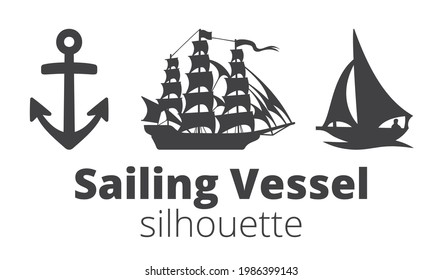 Sailing vessel silhouette icon in black. Anchor emblem. Sailing ship types on white background. Vector print illustration