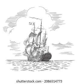 Sailing vessel sketch, vintage art poster, black and white, Vector illustration of historical ship