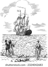 Sailing vessel sketch, vintage art poster, black and white, Vector illustration of historical ship and people