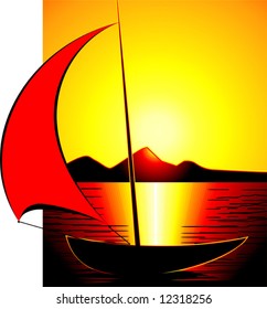 sailing vessel at sunset scene	