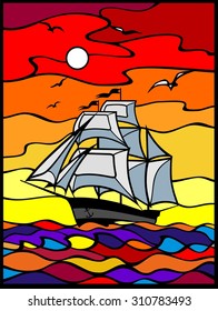 Sailing vessel wich white sails in the sea view. Sunset. Red, yellow, orange, blu background. Stained glass window.  Vector illustration.  It Can be used for flayers, banners, posters. 