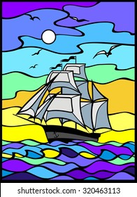 Sailing vessel  wich white sails in the sea view. Sunrise.Morning. Orang, blue, and yellow background. Stained glass style. Stained glass window, vertical. Can be used for flayers, banners, posters. 