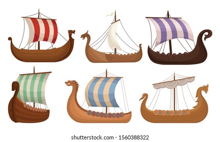 Sailing Viking ships. Vector illustration on a white background.