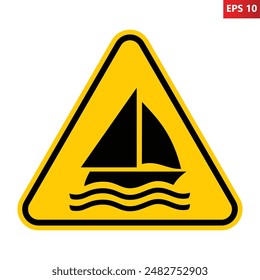 Segelwarnschild. Vektorillustration des gelben Dreiecks mit Segelbootsymbol im Inneren. Gefahr der Kollision mit Menschen im Wasser.