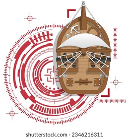 Sailing warship on a technological background. View from above. Isolated on white background. Vector illustration.
