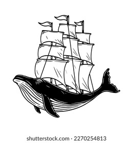 Sailing whale. Illustration of the whale with ship sails. Design element for poster, card, banner, emblem, sign. Vector illustration