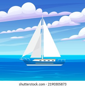 Sailing white ship in open sea. Seascape and white sail. Concept of cruise, sea travel, sailoring, recreation. Yacht regatta on wave blue ocean. Yachting summer vacation sport travel adventure time