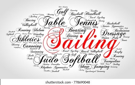 Sailing. Word cloud, italic red font, grey gradient background. Summer sports.