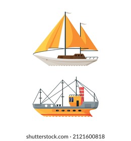 Sailing Yacht or Boat with Mast as Watercraft or Swimming Water Vessel Vector Set