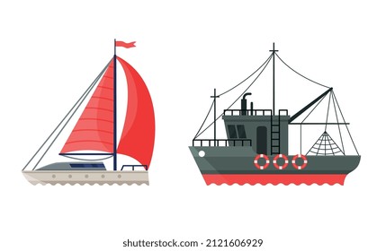 Sailing Yacht or Boat with Mast as Watercraft or Swimming Water Vessel Vector Set