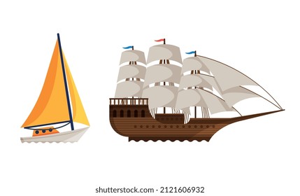 Sailing Yacht or Boat with Mast as Watercraft or Swimming Water Vessel Vector Set