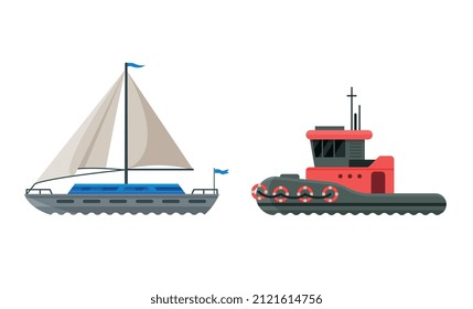 Sailing Yacht or Boat with Mast as Watercraft or Swimming Water Vessel Vector Set