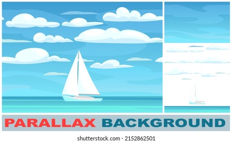 Sailing yacht. Calm blue sea. Set parallax effect. White single masted vessel with classic hull lines. Sky and clouds. View from afar. Flat style. Vector