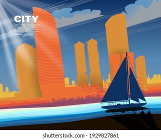 Sailing yacht at the city embankment on the background of a high-rise complex. Vector banner