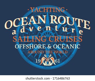 Sailing yacht cruise around the world vintage vector print with antique rose compass background