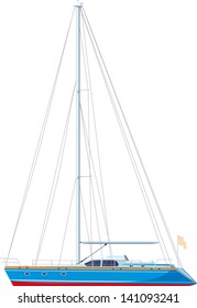 sailing yacht docked with downcast sail isolated on white background