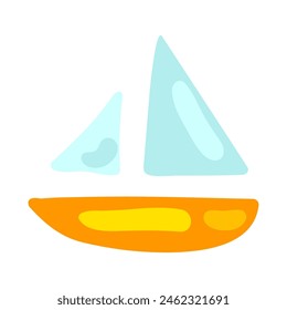 Sailing yacht drawn by child. Bright childish careless marine shipping boat drawing for design of festive spring banner. Flat hand drawn vector element isolated on white background