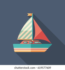 Sailing yacht flat square icon with long shadows.