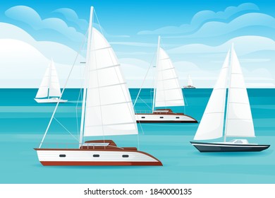 Sailing yacht floating on the blue sea or ocean landscape summer day with cloud flat vector illustration