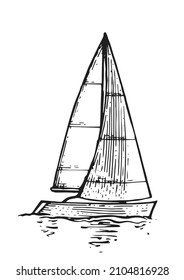 Sailing yacht floats on waves. Side view. Small ship for recreation and travel. Outline sketch. Hand drawing isolated on white background. Vector.