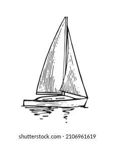 Sailing yacht floats on waves. Side view. Small ship for recreation and travel. Outline sketch. Hand drawing isolated on white background. Vector.