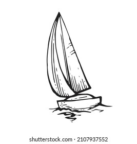 Sailing yacht floats on waves. Small ship for recreation and travel. Front view. Outline sketch. Hand drawing isolated on white background. Vector.