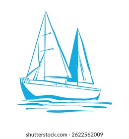Sailing yacht floats on waves. Small ship for recreation and travel. Outline sketch in blue color. Hand drawing isolated on white background. Vector illustration