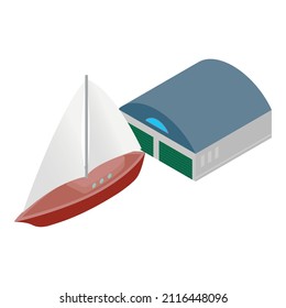 Sailing yacht icon isometric vector. New beautiful sailboat near pavilion icon. Yachting, sailing, regatta