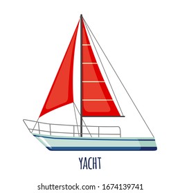 Sailing yacht icon with red sail in flat style isolated on white background. Vector illustration.
