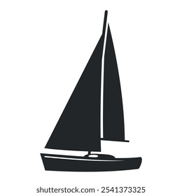 Sailing yacht icon with tall mast and fluttering sail, made in black silhouette. Perfect for representing marine activities or nautical themes.