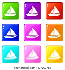 Sailing yacht icons of 9 color set isolated vector illustration