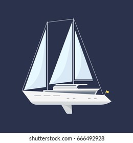 Sailing yacht isolated on a dark background. Side view. Flat style.