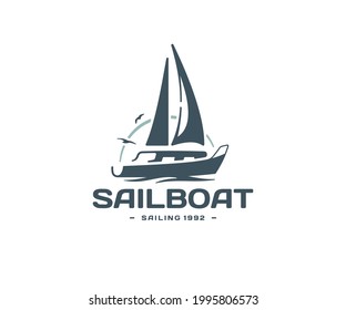 Sailing yacht logo design. Regatta on the background of birds and the sun vector design. Sea cruise logotype