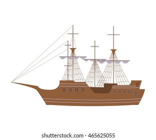 Sailing yacht in modern flat design. Wooden tall ship isolated on white background for marine adventure or travel design, logo badge sailboat for label. Vector illustration eps10