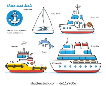 Sailing yacht, motor boat, tug, cruise ship, dolphin, anchor. Vector set.