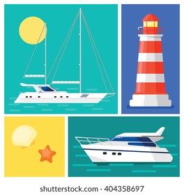 Sailing yacht. Motor yacht. Lighthouse. Sand with shells and starfish. The concept of summer vacation. Sea tourism. Maritime vacation. Vector illustration.