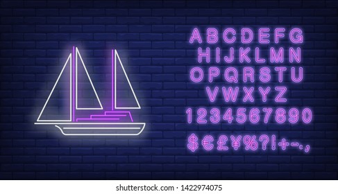 Sailing yacht neon sign. Vessel, voyage, ship, adventure design. Night bright neon sign, colorful billboard, light banner. Vector illustration in neon style.