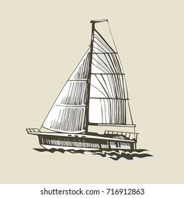 Sailing yacht on a beige background with a white sail. Extreme lifestyle. Vector hand drawn sketch. Sea sport.