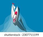 Sailing yacht on the open sea, top view vector illustration with copy space