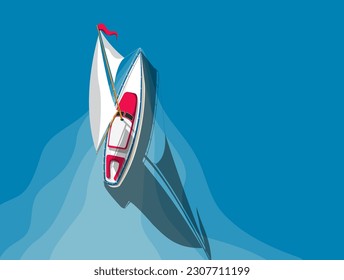 Sailing yacht on the open sea, top view vector illustration with copy space