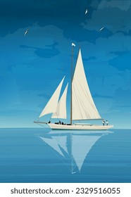 Sailing yacht on the open sea, vector illustration