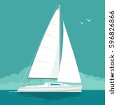 Sailing yacht on the sea waves. Sailboat. Vector drawn flat illustration. Isolated on white background.