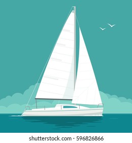 Sailing yacht on the sea waves. Sailboat. Vector drawn flat illustration. Isolated on white background.