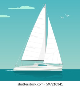 Sailing yacht on the sea waves. Sailboat. Vector drawn flat illustration. Isolated on white background.