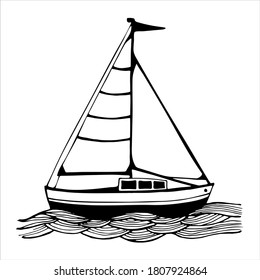 Sailing yacht with on water, hand drawn vector illustration in black and white