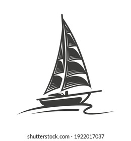 Sailing yacht on the wave isolated on white background. Design element. Silhouette of a sailing yacht. Vector illustration