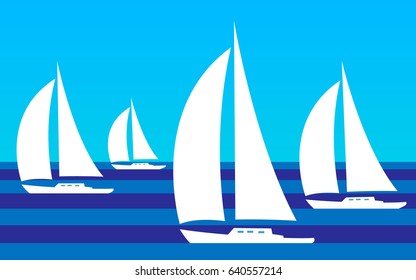 Sailing yacht race on blue background. simple sea landscape