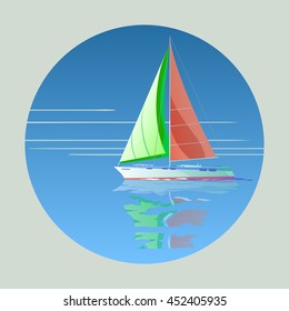 Sailing yacht with red sail in the range of background and reflection in water