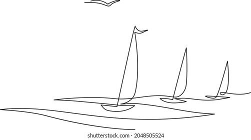 Sailing yacht regatta. Seagull in the sky. Draw one continuous line. Vector illustration. Isolated on white background