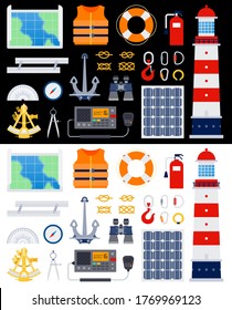 Sailing yacht rigging equipment. Lighthouse, anchor, binoculars, lifebuoy, life jacket, hook, knots, carbines, compass, map, protractor. vector flat icons. Isolated on white and black